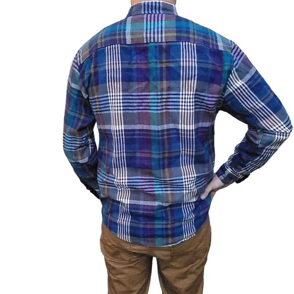 River Trader Men's Button Down Shirt Long Sleeve unique  Blue Green Plaid Medium - Picture 2 of 11